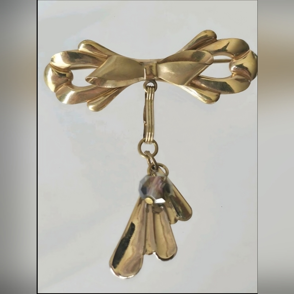 Vintage 12k Gold Filled Brooch Bow Dangle Bead